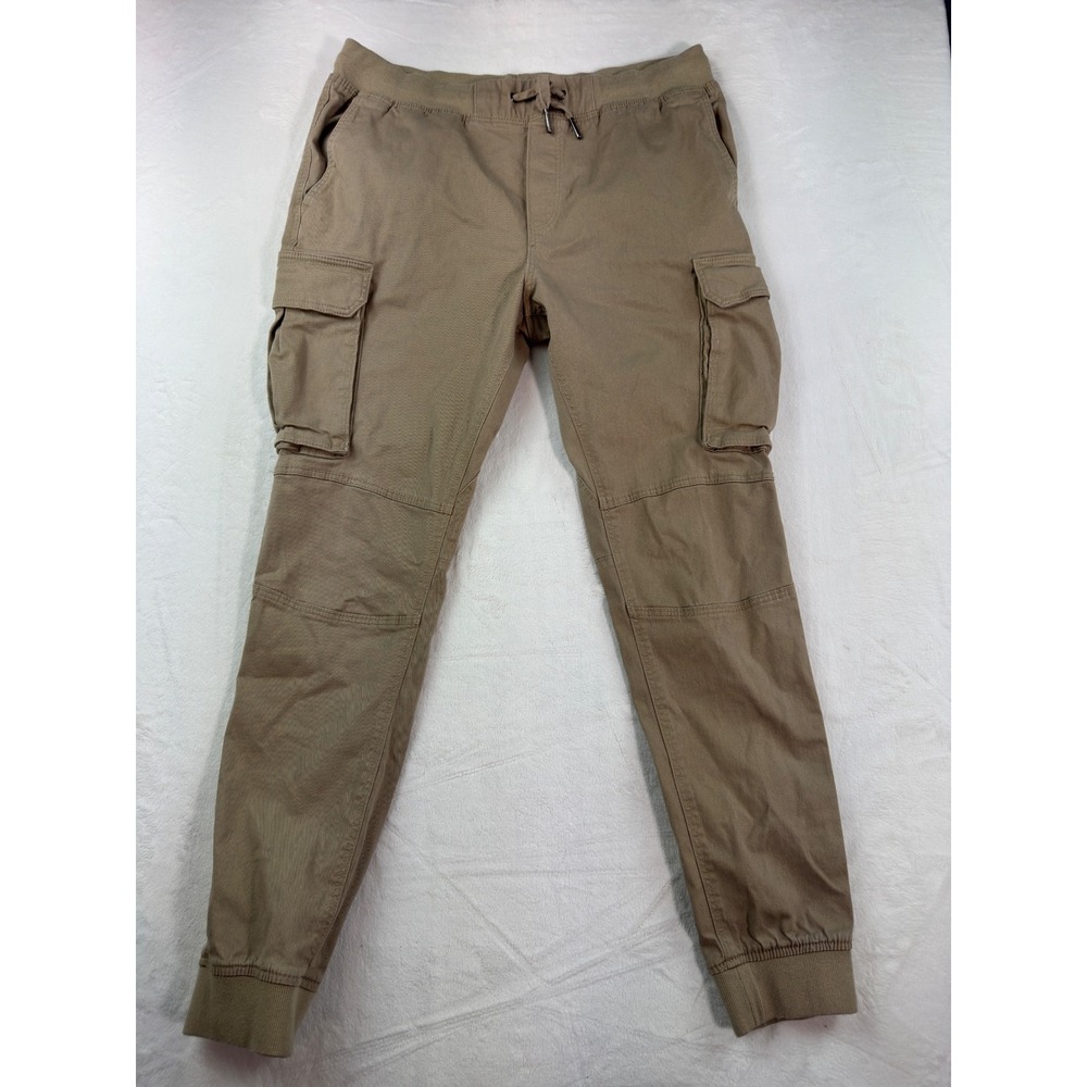 HM Mens Skinny Fit Cargo Jogger Pants Tan Khaki Size L Drawstring Elastic Waist